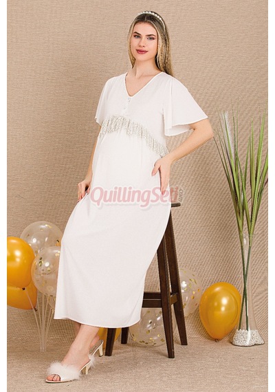 Lady Ekru Renk Dantel Detaylı 33500 Sabahlıklı 2li Hamile Gecelik Takım Set