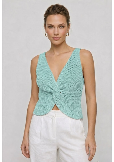 Neden Tekstil Twist Knot Detaylı Premium Kadın Triko Bluz V Yaka Örgü Dokulu Şık Crop Tasarım - Turkuaz