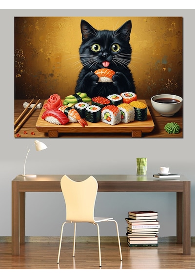 Ahşap Tablo Suşi Yiyen Sevimli Kara Kedi