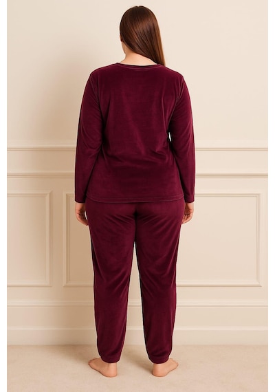 Pemilo Kadın Büyük Beden 13212 Kadife Pijama Takımı Mürdüm MÜRDÜM