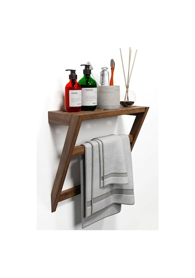 Matkap Gerektirmeyen Ahşap Banyo Rafı Ve Havluluk - 50x40 Cm - Yapışkanlı Duvar Rafı Kahverengi
