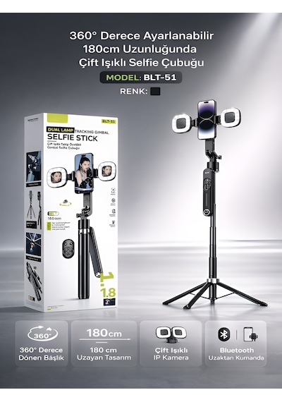 1500 Mah Led Işıklı 180 Cm Takip Özellikli Gimbal Tripod Selfie Çubuğu Bluetooth Kumandalı