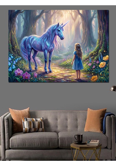 Ahşap Tablo Büyülü Ormanda Unicorn Ve Kız İnsan Figürlü Tablolar
