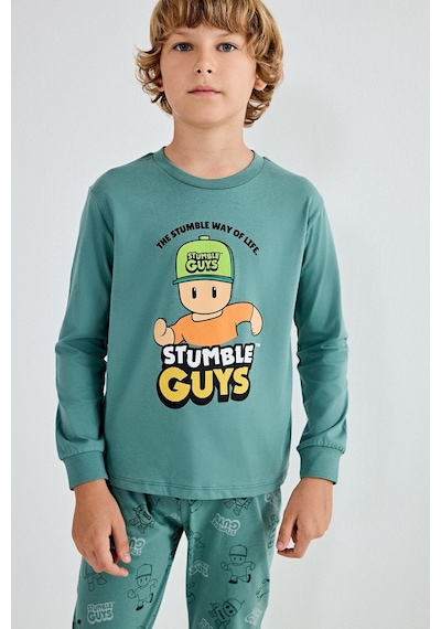 Defacto Stumble Guys Baskılı Bisiklet Yaka Uzun Kollu Üst Elastik Bel Alt 2li Pijama Takımı Erkek Çocuk H6693a826augn757 Yeşil-gn757