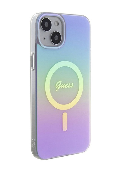 Apple Uyumlu iPhone 15 Kılıf Guess Lisanslı Magsafe Şarj Özellikli Yazı Logolu Iridescent Siyah