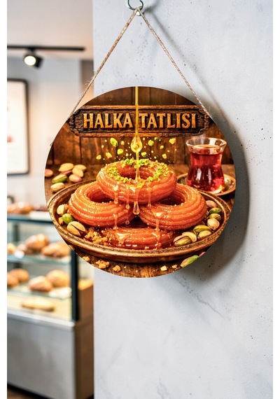 Halka Tatlısı Görselli Ahşap İpli Kapı Duvar Süsü Tatlıcı Cafe Tabelası Pano