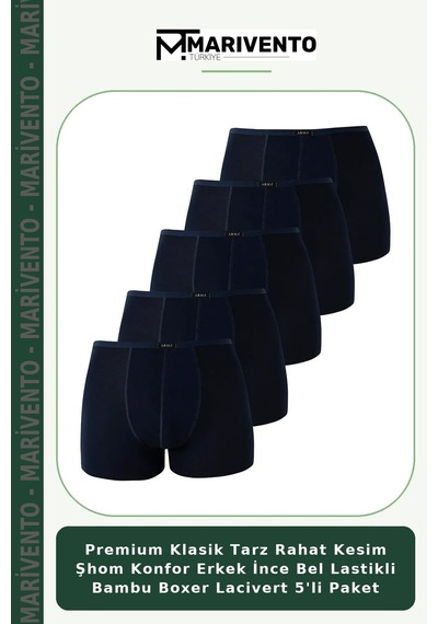 Marivento Premium Klasik Tarz Rahat Kesim Şhom Konfor Erkek İnce Bel Lastikli Bambu Boxer Lacivert 5'li Paket