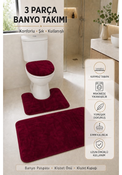 3 Lü Banyo Paspası Halısı Seti Kaymaz Tabanlı Yıkanabilir Klozet Takımı Bordo