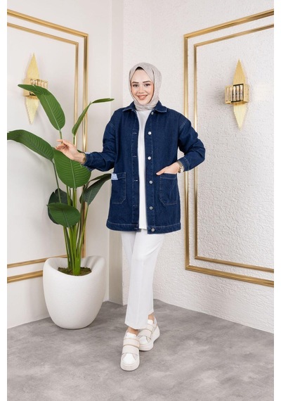 Harman Butik Kadın Cepli Düğmeli Kot Ceket Lacivert Lacivert