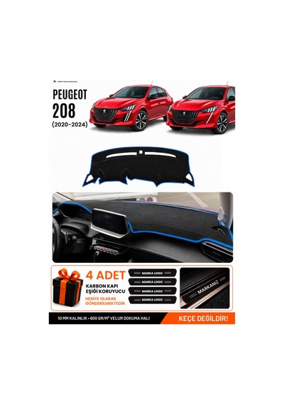 Peugeot 208 2020-2024 Uyumlu Torpido Koruma, Torpido Örtüsü, Torpido Kılıfı - Siyah-mavi - Pe006