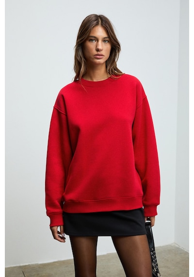 Grımelange KARIUS Kadın Organik Pamuklu İçi Polarlı Oversize Yuvarlak Yakalı Kırmızı Sweatshirt
