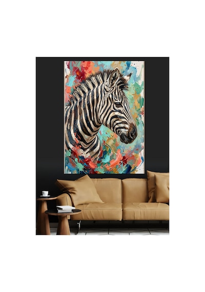 Renkli Fırça Darbeli Zebra Portresi Yağlı Boya Dokulu Kanvas Tablo Canvas Tablosu