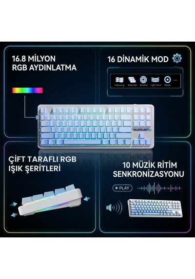 Aula F87 Pro Mekanik Rgb Tkl Graywood V4 Switch Kablosuz Makrolu Hot Swap Klavye Gradyan Mavi