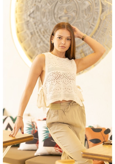 Yandan Bağlamalı Örme Crop Bej