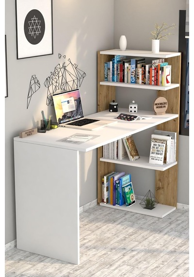Çınar Kitaplıklı Çalışma Masası Beyaz Çam Çok Renkli