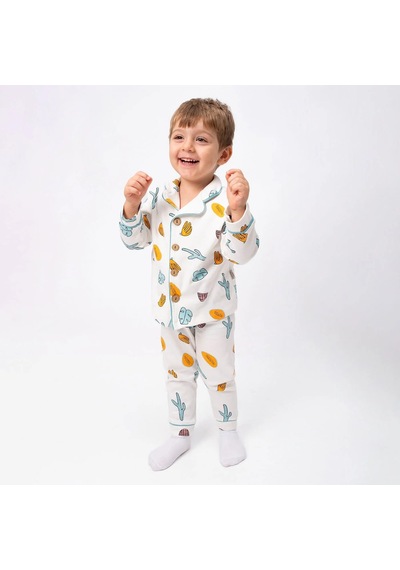 Bebegen Unisex Ekru Yeşil Turuncu Yaprak Kaktüs Desenli Kruvaze Yaka Pijama Takımı