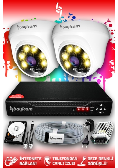 Bayicam 2 Kameralı Dome 2 İç Kamera Set 100 GB HDD Full HD Renkli Gece Görüşlü Güvenlik Kamerası Sistemi