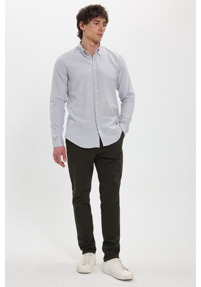 Tudors Erkek Slim Fit Dar Kesim %100 Pamuk Düğmeli Yaka Flam Keten Gri Gömlek-50272
