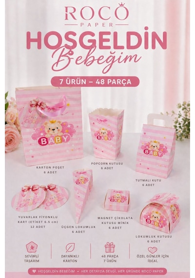 Hoşgeldin Bebeğim Hediyelik Seti, Pembe, Ayıcıklı Baby Shower&doğum Günü İkram Seti, 7 Ürün-48 Parça