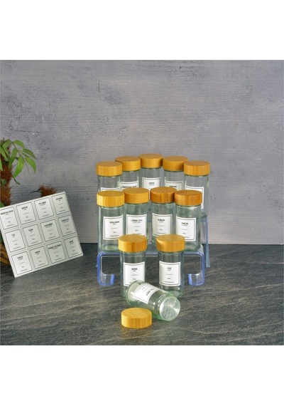 Basic Cam Tuzluk - 12 Li Tuzluk Biberlik Baharatlık Bambu Kapaklı 90 Ml.etiketli Şeffaf