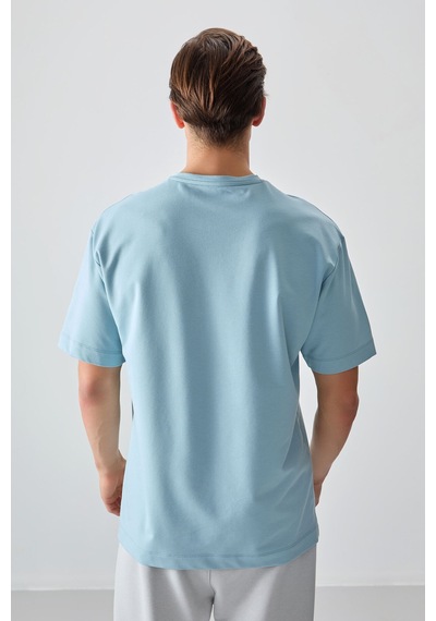 Air Jones Tommy Life Açık Mavi Pamuklu Kalın Yumuşak Dokulu Oversize Fit Basic Erkek T-shirt - 88377 Açik Mavi