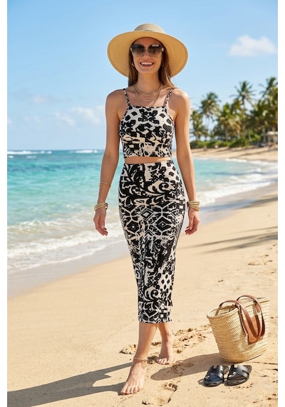 Lela Slim Fit Ip Askılı Yırtmaçlı Midi Alt-Üst Bayan Takım 5865726 Siyah