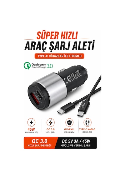 Diğer - 45w Hızlı Araç Şarj Aleti Type C Samsung İphone Telefonlar İçin 45w Hızlı Araba Şarjı Cihazı Ve Kablo