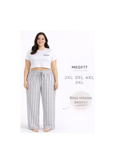 Viskon Pamuklu Kadın Büyük Beden Açık Gri Çizgili Pijama Pantolon - Mgb006 - Mudanis