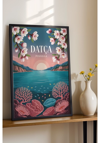 Datça Tablo - Retro Travel Poster - Muğla Şehir Serisi Duvar Dekoru - Çerçeveli Şehir İllüstrasyonu Siyah