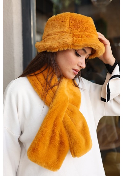 Kadın Peluş Kaşkol Boyunluk Atkı Rkb-01 Hardal Hardal