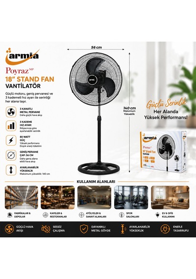 18 İnç Sanayi Vantilatör 3 Metal Kanat: Çap:56cm - Y: 140cm - 3 Kademe Hız 80w 5492