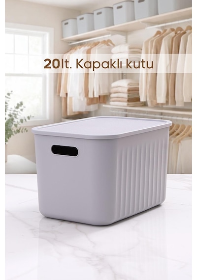 Gri Dolap Düzenleyici 20 Lt Kapaklı Saklama Kutusu Sepet Oyuncak Kutusu Organizer