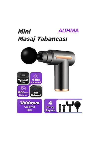 Auhma Amg6 Yüksek Tork Motor 6 Kademeli Derin Doku Masaj Tabancası - Siyah Gri