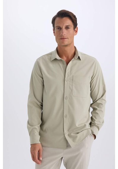 DeFacto Regular Fit Polo Yaka Basic Düz Gofre Uzun Kollu Gömlek D8713AX25SPKH492