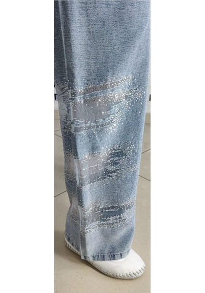 Büyük Beden Bol Kesim Paçası Desenli Taş Detayli Denim Kadın Pantolon Mavi