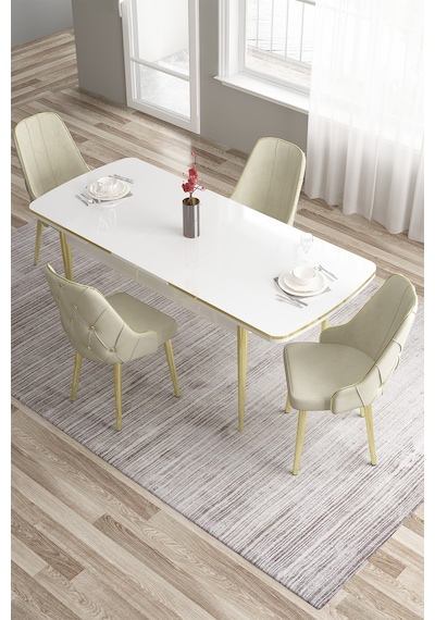 Canisa Tia Serisi 80x132 Açılabilir Mdf Mutfak Masası Takımı Beyaz Masa Gold Detay 4 Krem Sandalye Masa Beyaz Sandalye Krem Canisa Tia Serisi 80x132 Açılabilir Mdf Mutfak Masası Takımı Beyaz Masa Gold Detay 4 Krem Sandalye Masa Beyaz Sandalye Krem