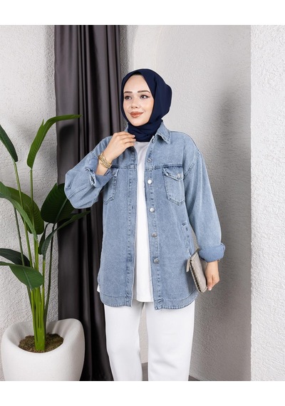 Hb Harma Time Butik Kadın Yıkamalı Cepli Denim Kot Mavi Ceket