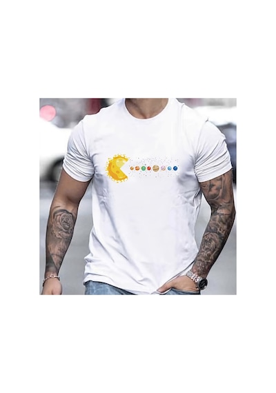 Caddemia Yaz Gevşek Ve Rahat Rahat Güneş Sistemi Gezegenleri Baskılı Yuvarlak Boy Beyaz 2XL