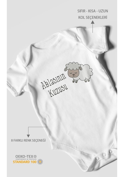 Ablasının Kuzusu Baskılı Bebek Zıbını Çıtçıtlı Body %100 Pamuk Kısa Kol Beyaz