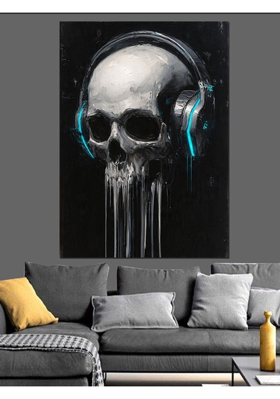 Ahşap Tablo Kulaklıklı Kafatası Müzik