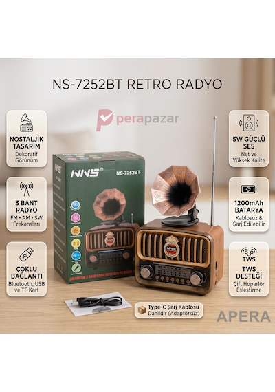 Nns Ns-7252bt Nostaljik Gramofon Radyo Bluetooth Hoparlör Şarj Edilebilir 1200mah Taşınabilir Müzik Çalar Gold