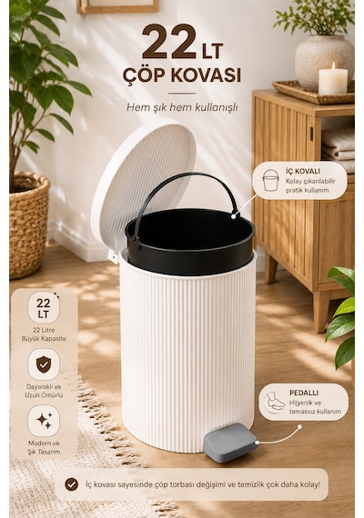 Porsima 0707-1 Still Beyaz 22 Litre Pedallı İç Kovalı Yuvarlak Mutfak & Banyo Çöp Kovası Yok