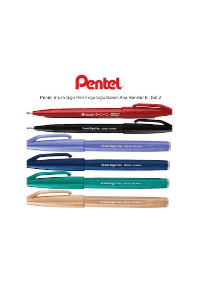 Pentel Brush Sign Pen Fırça Uçlu Kalem Ana Renkler 6Lı Set 2