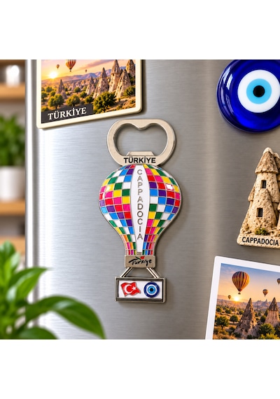 Kapadokya Balon Model Metal Şişe Açacağı Buzdolabı Magneti Türkiye Temalı Hediyelik Dekoratif Magnet Gri - Mavi