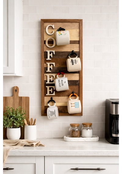 Ahşap Duvar Kupa Askılığı 5 Li Kahve Köşesi Organizer 25x61 Cm