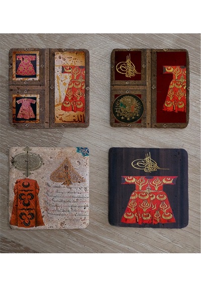 Padişah Kaftanları Ferman Ve Tuğra Doğal Taş Bardak Altlığı 4'lü Set - Natural Stone Coasters - Taş Çok Renkli