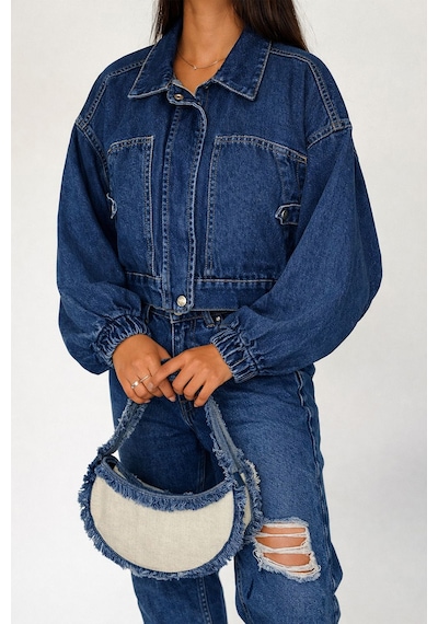 Noa & Noa Kadın Açık Mavi Kısa Denim Ceket Elastik Manşetli Crop Model Lacivert