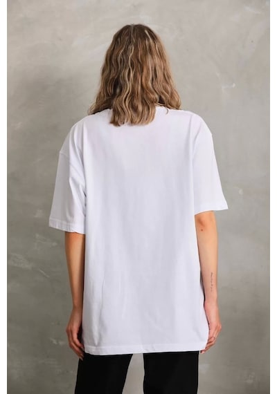 Unisex Bisiklet Yaka 20/1 Düz Oversize T-shirt - Beyaz
