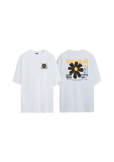 Thewert Unisex Happıness Good Vibes Siyah İçin Ön Arka Baskılı Beyaz Oversize T-shirt
