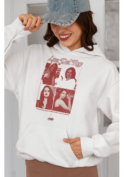 Sevbano Tasarım Lana Del Rey Baskılı Unisex Oversize Şarkıcı Hoodie beyaz